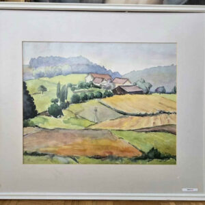 Hügelige Landschaft mit Gehöft, Aquarell