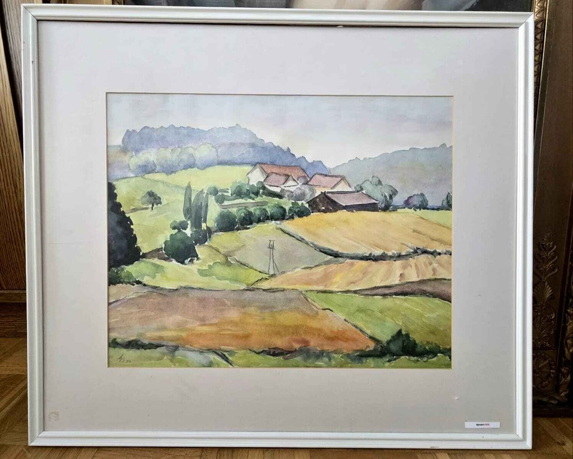 Hügelige Landschaft mit Gehöft, Aquarell